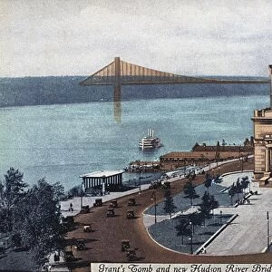 The tomb of Ulysses S. Grant on Riverside Drive at 123rd Street in upper Manhattan, and the recently completed George Washington Bridge across the Hudson River. American postcard, c1932