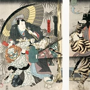 Triptych showing a night scene lit by a lantern from a Japanese Kabuki play. Left: Samurai Hachiman Taro Yoshiie, holding a parasol, with a lion. Center: Samurai Abe no Sadato with a tiger. Right: Sadato no Tsuma (Abe no Sadatos wife) with an elephant. Woodblock print by Toyokuni Utagawa, c1848