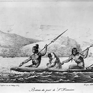 TULE REED BOAT, 1816. Coast Miwok Native Americans paddling a tule reed boat on San Francisco Bay