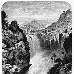 UGANDA: MURCHISON FALLS. A view of Murchison Falls, where the waters of the Nile flow into Lake Albert in western Uganda. Wood engraving, English, 1866, after Edmund Morison Wimperis