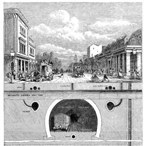 UNDERGROUND RAILWAY, 1864. Cross-section of the underground freight railway, sewers
