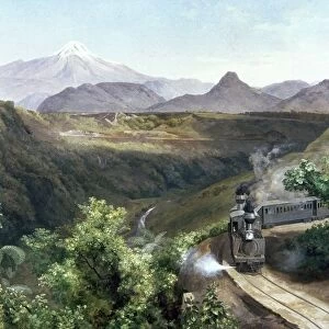 VELASCO: THE TRAIN, 1897. The Train, in the shadow of the volcano El Citlaltepetl, in southern Mexico. Oil on canvas by JosÔÇÜ MarÔÇÜia Velasco, 1897