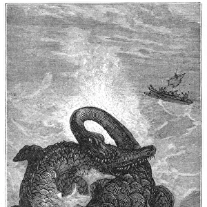 VERNE: JOURNEY. An ichthyosaurus and plesiosaurus in mortal combat: wood engraving after a drawing by Edouard Riou from a 19th century edition of Jules Vernes Journey to the Center of the Earth