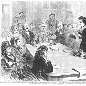 VICTORIA CLAFLIN WOODHULL (1838-1927). American reformer. Victoria Claflin Woodhull reading her argument in favor of womens suffrage before the Judiciary Committee of the House of Representatives in 1871. Directly behind Mrs. Woodhull is Elizabeth Cady Stanton and at the extreme left is Susan B. Anthony