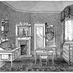 VICTORIAN BEDROOM, 1884. Bedroom furnished by Heal and Son of Tottenham Court Road, London, England. Wood engraving, 1884