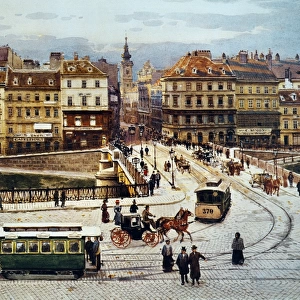 VIENNA: FERDINANDSBREUCKE. View of the Ferdinandsbreucke (Ferdinands Bridge), Vienna, in winter. Oil on canvas by Franz Poledne (1873-1932)