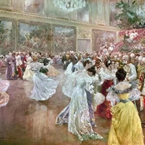 Waltzing at a ball at the Hofburg Palace in Vienna, Austria, 1900. Watercolor by Wilhelm Gause. Emperor Francis Joseph is at right in the white uniform