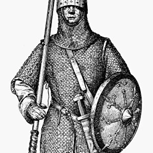 WARRIOR, 10th CENTURY. A medieval warrior of the 10th century. Line engraving