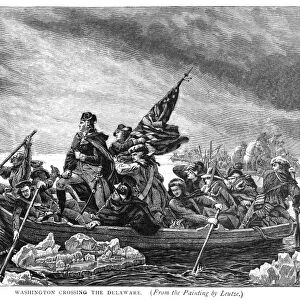 Washington Crossing the Delaware. General George Washington leading his troop across the Delaware River during the American Revolutionary War, 1776. Wood engraving after the painting by Emanuel Leutze (1816-1868)