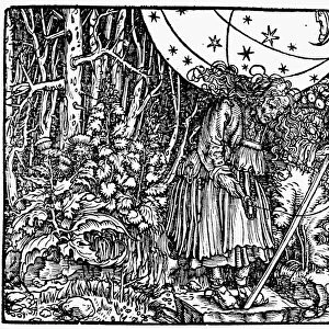 WEIDITZ: HARASSED SPINSTER. The Harassed Spinster. Woodcut by Hans Weiditz, 1532