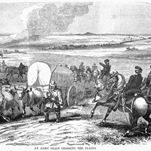 WESTWARD EXPANSION, 1858. A U. S. Army train crossing the plains. Wood engraving, American, 1858