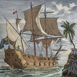 WILLIAM PHIPS (1651-1695). Colonial governor of Massachusetts. Phips searching for treasure off Hispaniola in 1686. Wood engraving, 19th century