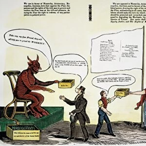 WORKIE CARTOON, 1829. A Workie (Working Mens Party) cartoon of 1829 showing the devil and a rich man conspiring to buy an election while the honest workingman fights back by putting his ballot in a ballot box held by Columbia