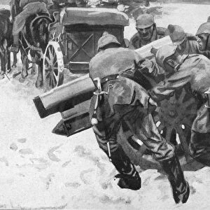 WORLD WAR I: ARTILLERY, 1914. German troops moving a heavy gun through the snow