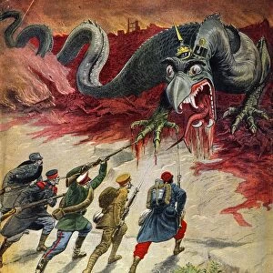 WORLD WAR I: CARTOON, 1914. Down With the Monster! French troops attacking the German dragon in a cartoon from a French magazine, 20 September 1914, at the beginning of World