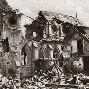 WORLD WAR I: CHURCH Destroyed church in Ribecourt on the river Oise, France. Photograph