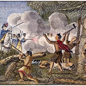 YAMASEE WAR, 1715. Governor Craven of South Carolina attacks the Yamasee Native Americans at the Combahee River in 1715 at the beginning of the Yamasee War. Wood engraving from Elements of General History, New Haven, 1844