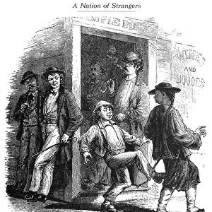 A young Irish immigrant in San Francisco, California, landing a blow on a Chinese immigrant outside a saloon. American engraving, 1870s
