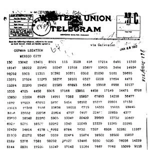 ZIMMERMANN TELEGRAM, 1917. The Western Union copy of the Zimmermann telegram sent on January 19