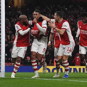 Arsenal's Gabriel, Lacazette, and Xhaka Celebrate Goals Against Southampton (2021-22)