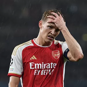 Arsenal's Martin Odegaard Reacts After Champions League Clash Against PSV Eindhoven (2023-24)