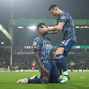 Saka and Xhaka Celebrate Arsenal's Goals Against Norwich City (December 2021)