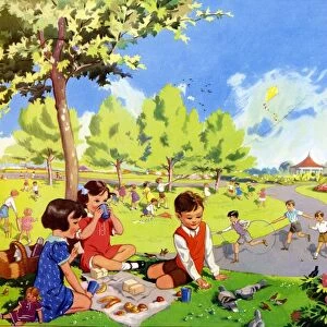 Infant School Illustrations 1950s UK parks playing picnics hoops Enid Blyton