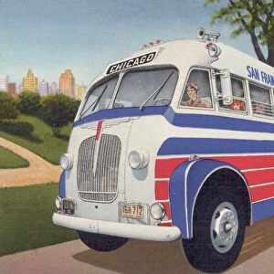 Advertisement for All-American Bus Lines. ca. 1943, USA, COURTESY OF ALL AMERICAN BUS LINES. Serving New York, Chicago, St. Louis, Dallas, Phoenix, San Diego, Los Angeles, San Francisco and Intermediate Points. Americas Most Economical Trans-Continental Travel Service. Better Service-Ask Our Passengers