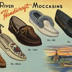 Advertisement for Moccasins. ca. 1937, MOCCASINS. By construction as old as the Indians: in style by Moose River as new as tomorrow. All Moose River Handi-craft moccasins and moccasin house slippers are made of selected leather and expert workmanship. Actual Indians of the Penobscot Tribe of Old Town are employed. All moccasins are made in black, brown, tan, ecru and white. While only five numbers are shown on this card, we manufacture 40 different styles and types. These include outdoor moccasins for canoeing, hiking, fishing, hunting, tennis, snow-shoeing and beach wear. (We ve never heard of an Indian having foot troubles. The answer must be Indian moccasins. )