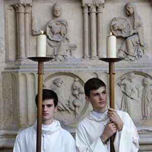 Altar boys outside Notre Dame of Paris cathedral