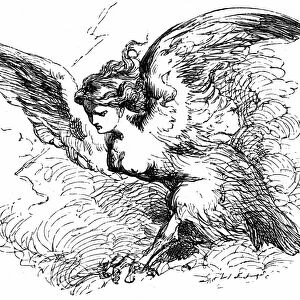Ariel, in the guise of a Harpy, about to clap his wings and make the magic banquet