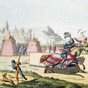 Armoured knights jousting at a tournament. The knight on far side has a shattered lance