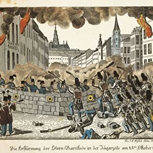 Austria, Vienna, Barricades in Jagerzeile on October 28, 1848, color lithograph