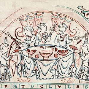 Banquet. Chromolithograph after 11th century English Psalter