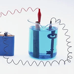 Battery connected to a copper pipe and a key in copper sulphate solution, copper plating