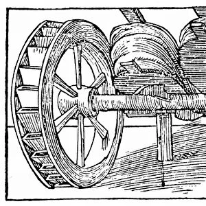 Bellows operated by a camshaft powered by a water wheel. This application of the