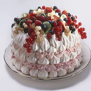 Berry Vacherin, French meringue dessert topped with variation of berries on plate