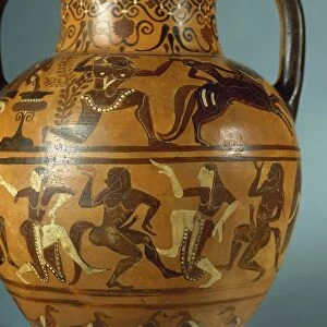 Detail of black-figure amphora depicting the Silenoi and the Maenads dancing, painted by Sileno Painter, circa 540 B. C. baked clay