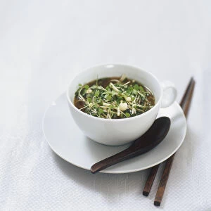 Bowl of chicken, enoki mushroom, noodles and watercress soup