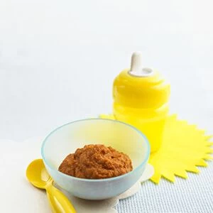 Bowl of chicken puree, baby bottle and spoon, on placemats, close-up