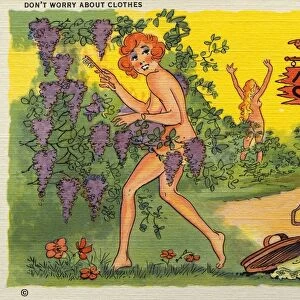 Cartoon of a Nudist Camp. ca. 1936, DON T WORRY ABOUT CLOTHES, ONLY A TOOTHBRUSH NEEDED HERE