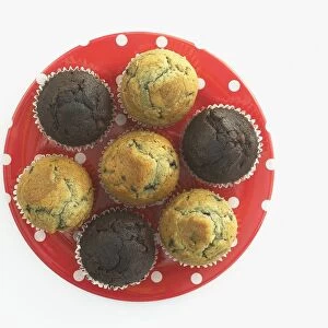 Chocolate and blueberry muffins on polka dot plate