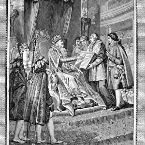 Coronation of Napoleon I in Notre Dame, Paris, 2 December 1804. Napoleon taking the Oath