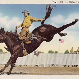 Cowboy Riding Horse Joe Louis. ca. 1943, Elk City, Oklahoma, USA, Texas Kid, Jr. Riding Joe Louis. A past time Range Sport of the Pioneer Southwest, being reproduced by a crack rider during Woodword Elks Rodeo. Stock furnished by Beutler Bros. Elk City, Okla