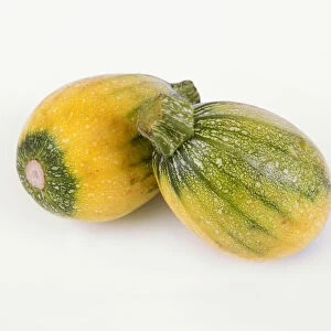 Cucurbita pepo ovifera, two yellow and green baby courgettes