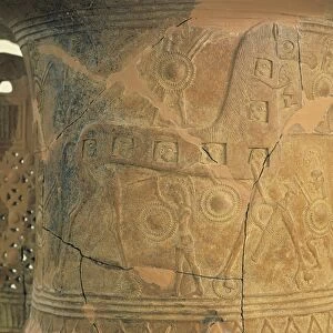 Detail; of powith scenes of Trojan War, detail representing Trojan horse, from Mykonos, Greece