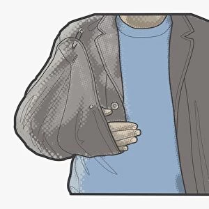 Digital illustration of man using jacket corner as sling