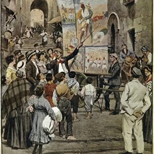 The Domenica del Corriere (Italian Sunday newspaper) from 8th December 1910, Folk songs inspired by war in Libya being sung in Naples by ballad-singers, by Achille Beltrame, illustration