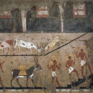 Egypt, Gebelein, Decorative detail of transport of the grain bags, from Ini tomb, first intermediate period, ninthtenth dynasty, fragment painted on clay, mixed with straw and covered with plaster