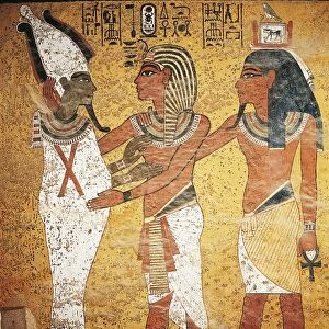 Egypt, Luxor, Thebes, Valley of the Kings, Tutankhamens Tomb, detail of the frescos, The King accompanied into the afterlife by Osiris, New Kingdom, XVIII Dynasty, 1347-1338 b. c